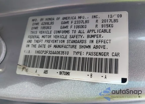 2010 Honda Accord 2.4 Lx from USA, damaged, VIN 1HGCP2F32AA063510